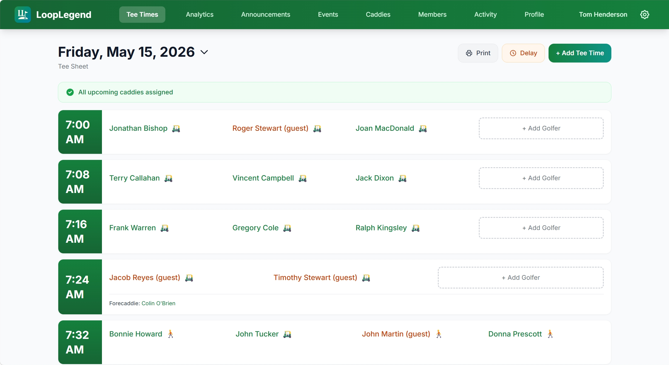 LoopLegend admin tee sheet view