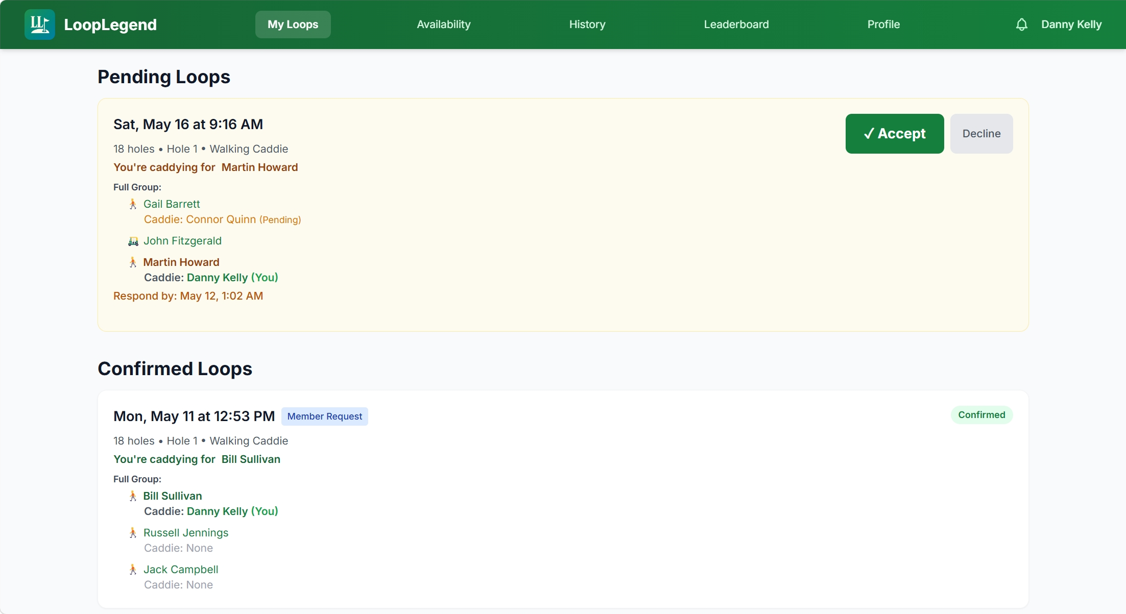 LoopLegend caddie dashboard