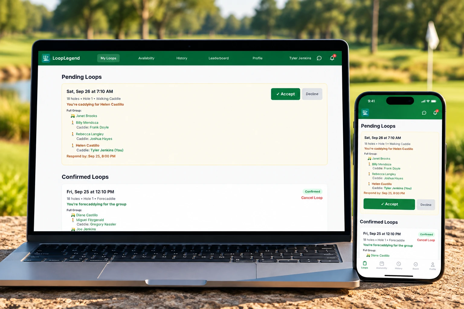 LoopLegend caddie dashboard on a laptop and a phone