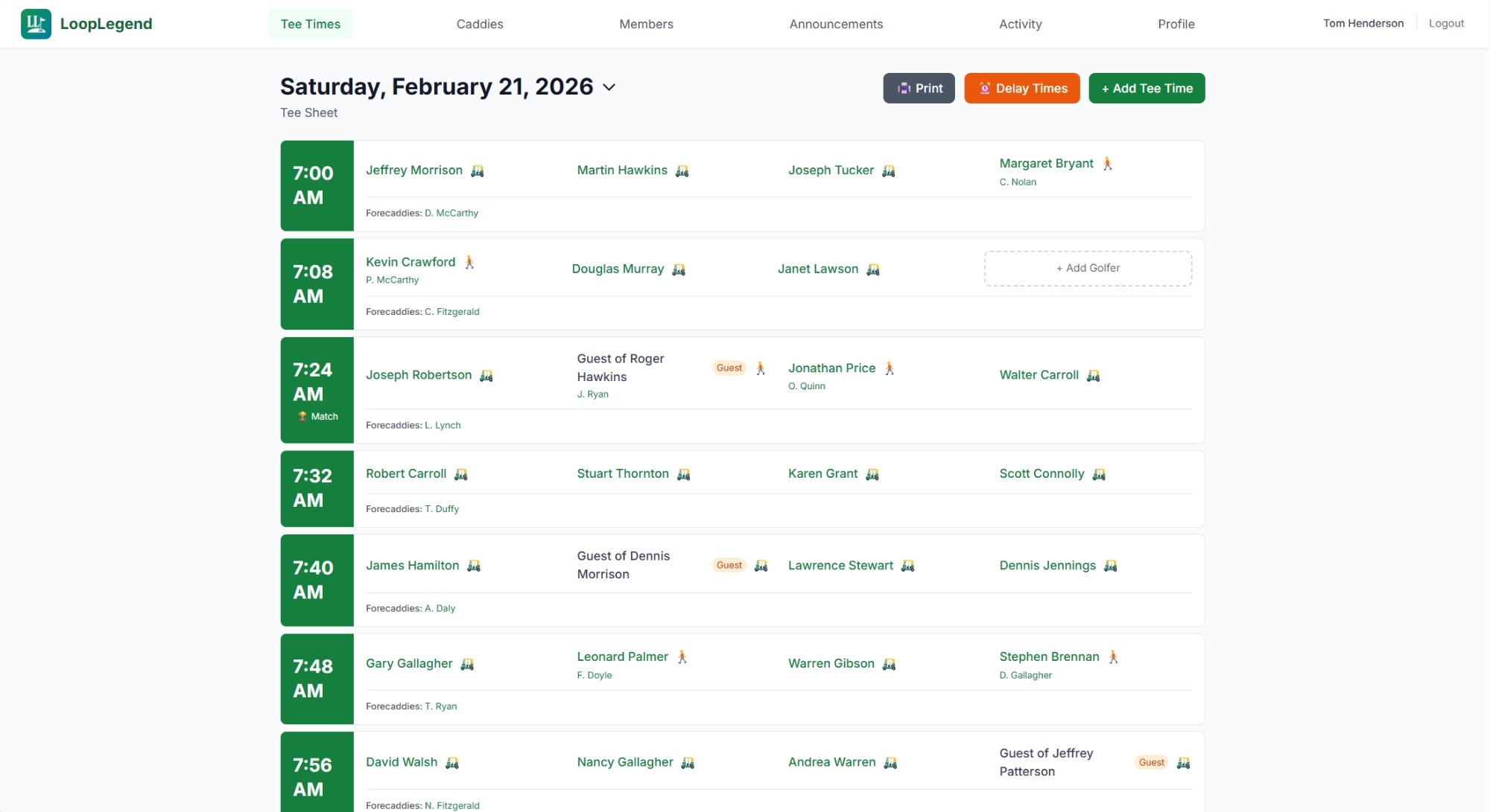 LoopLegend admin tee sheet view